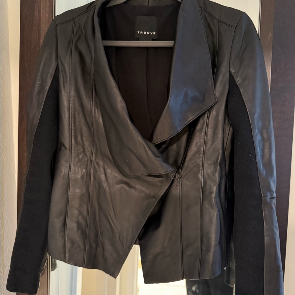 Trouve Black Leather Asymmetrical Jacket with knit sleeve